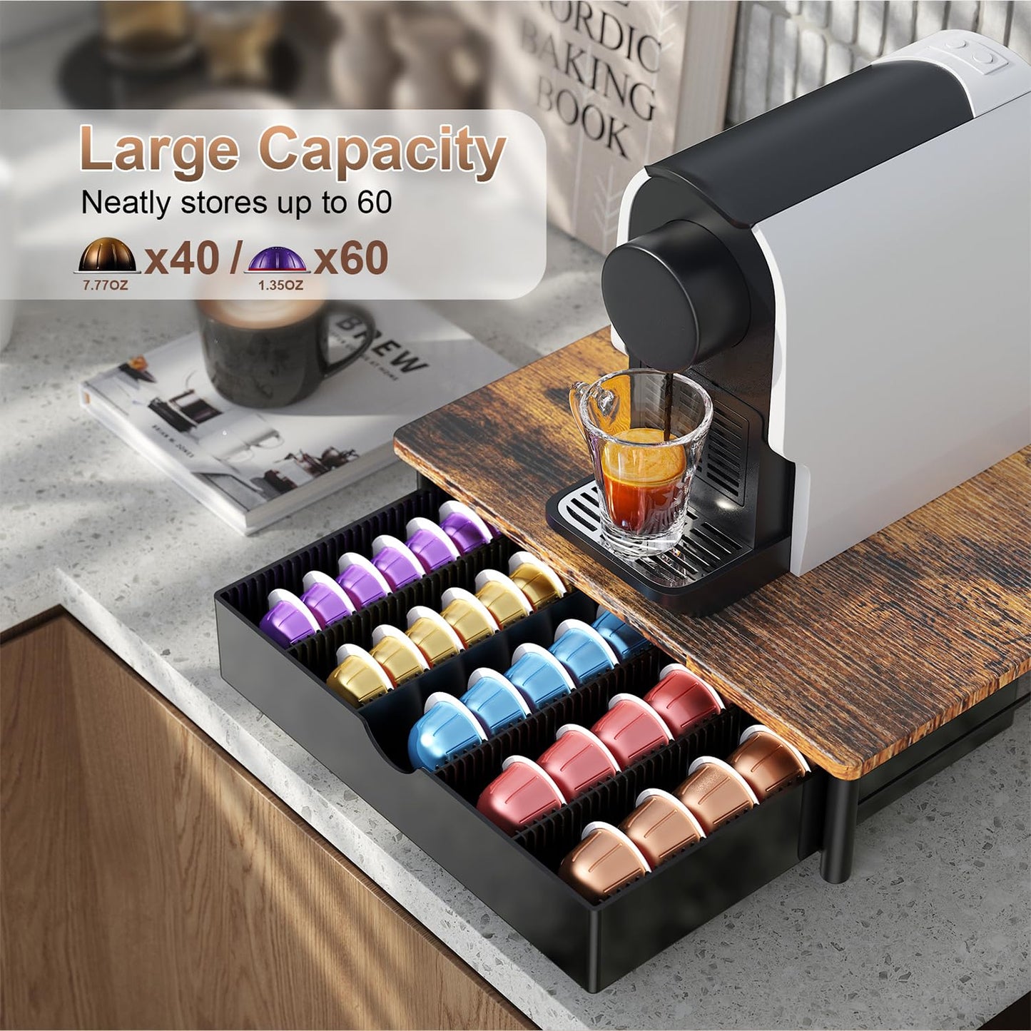 OUTIOE Coffee Pods Drawer Organizer Compatible with Nespresso Vertuo Pods Holds Up to 60 Small or 40 Large (Wood)