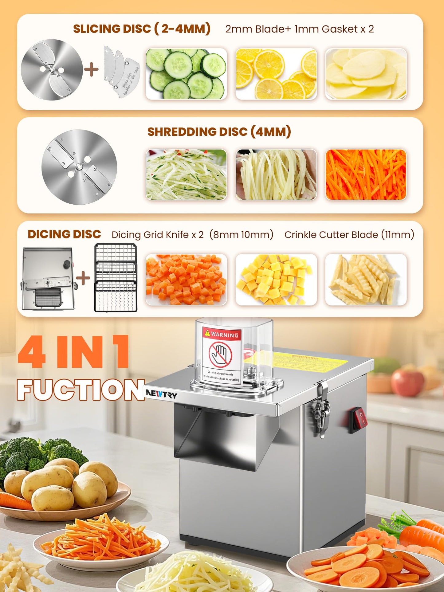 NEWTRY 4 in 1 Commercial Vegetable Processor Electric Veggie Fruit Slicer Dicer Shredder & Strip Crinkle Cutter All Stainless Steel 110volt 200W