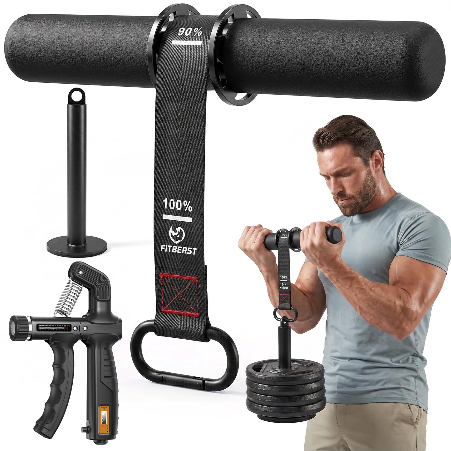 FitBeast Wrist Roller Forearm Strengthener & Forearm Exerciser Set with Adjustable Resistance Grip Strength Trainer & Loading Pin, Fits 1" & 2" Weight Plates for Grip, Wrist & Forearm Training