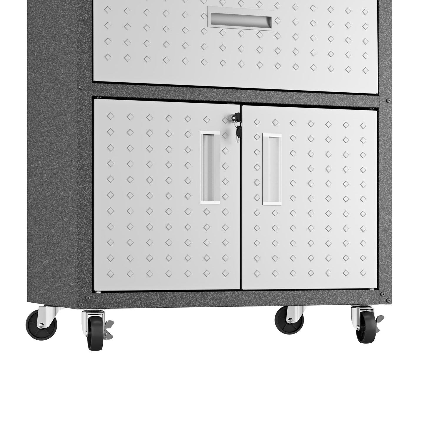 Manhattan Comfort Fortress Textured Metal 31.5" Garage Mobile Cabinet with 1 Full Extension Drawer and 2 Adjustable Shelves, Black/Gray