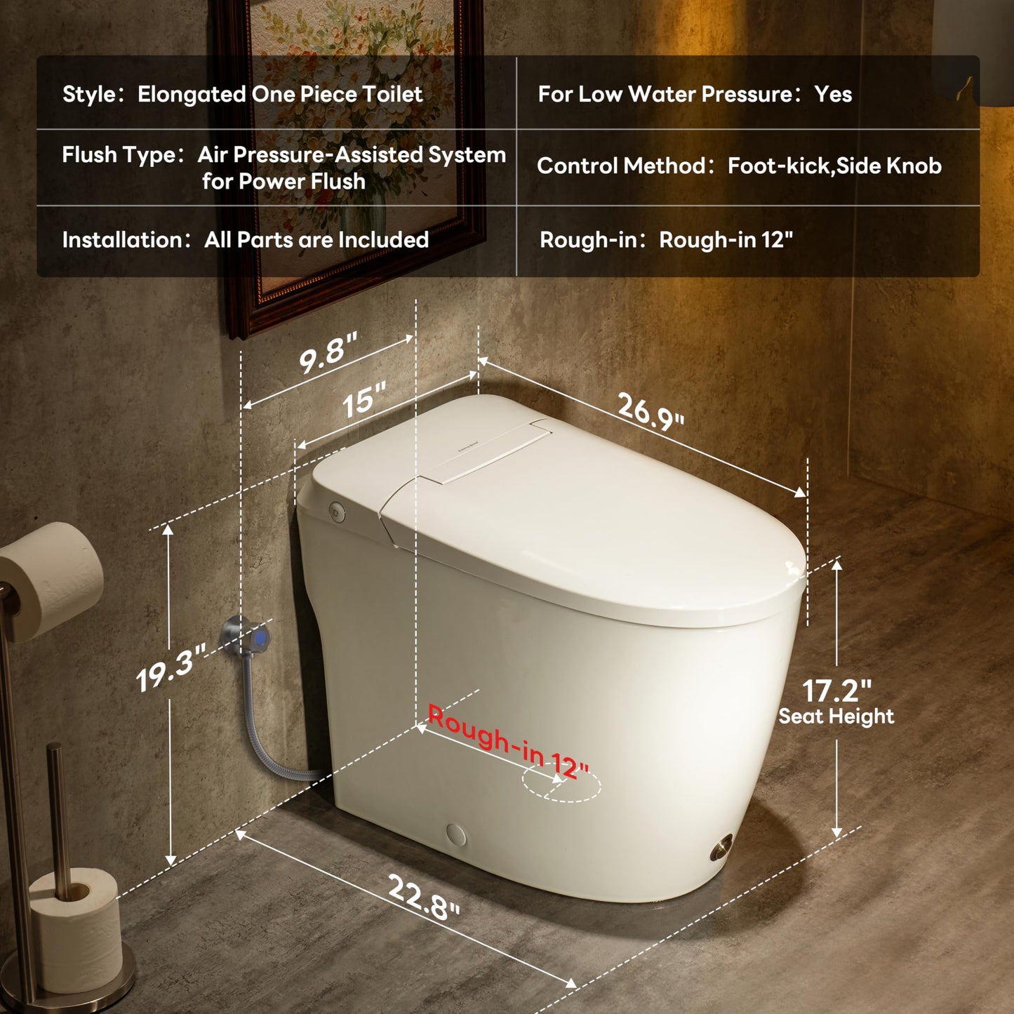 Casta Diva Elongated One Piece Toilet with 17.2" ADA Comfort Height Seat Modern Toilet for Bathroom 1.0GPF Button & Foot Kick Flush, Air Pressure Assisted Flush, 12'' Rough-in, Standard White Bowl