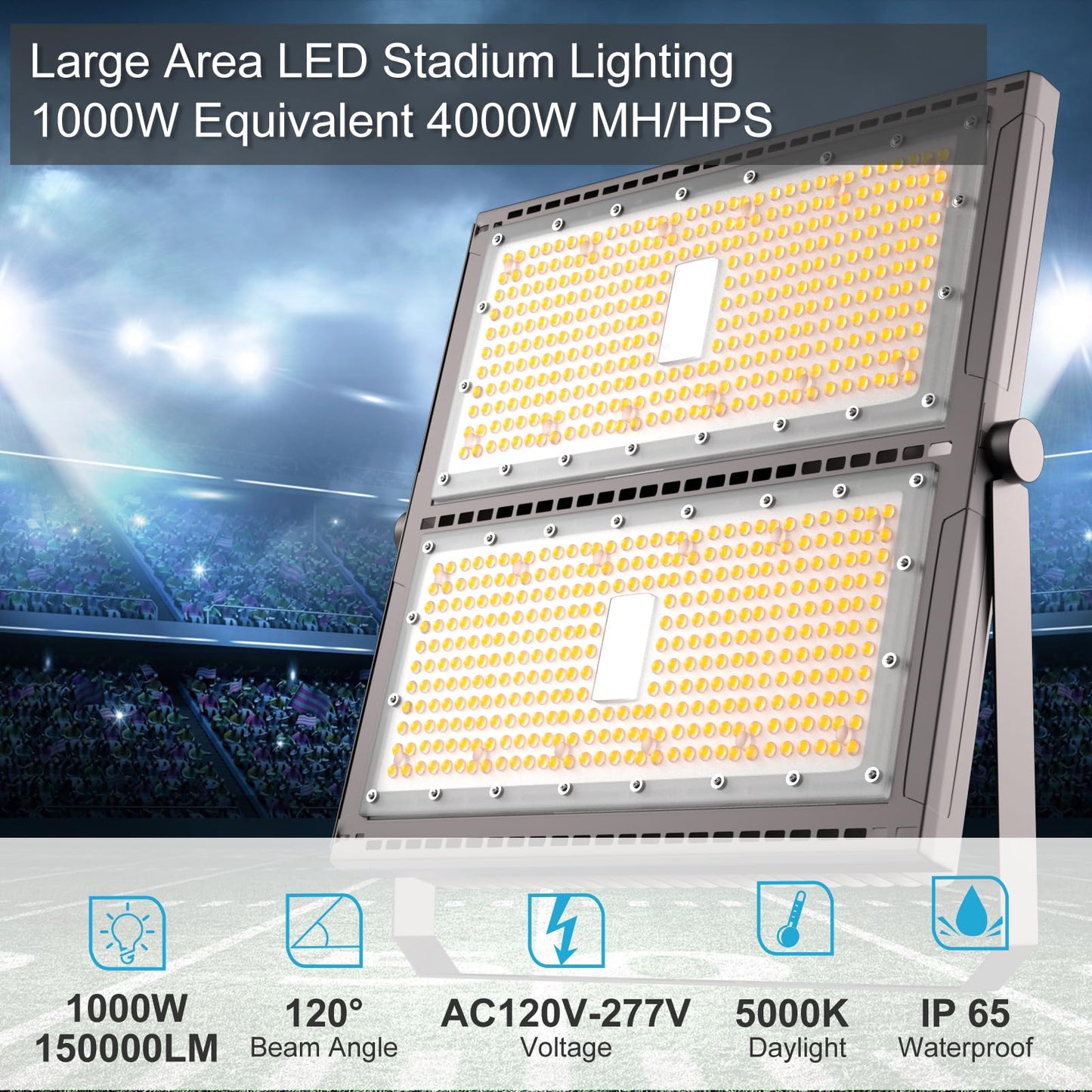 Upgrade 1000W LED Flood Light Outdoor 150000Lm Led Stadium Light with Adjustable Bracket, IP65 AC100-277V Commercial Area Lighting with Plug for Backyard/Basketball Court