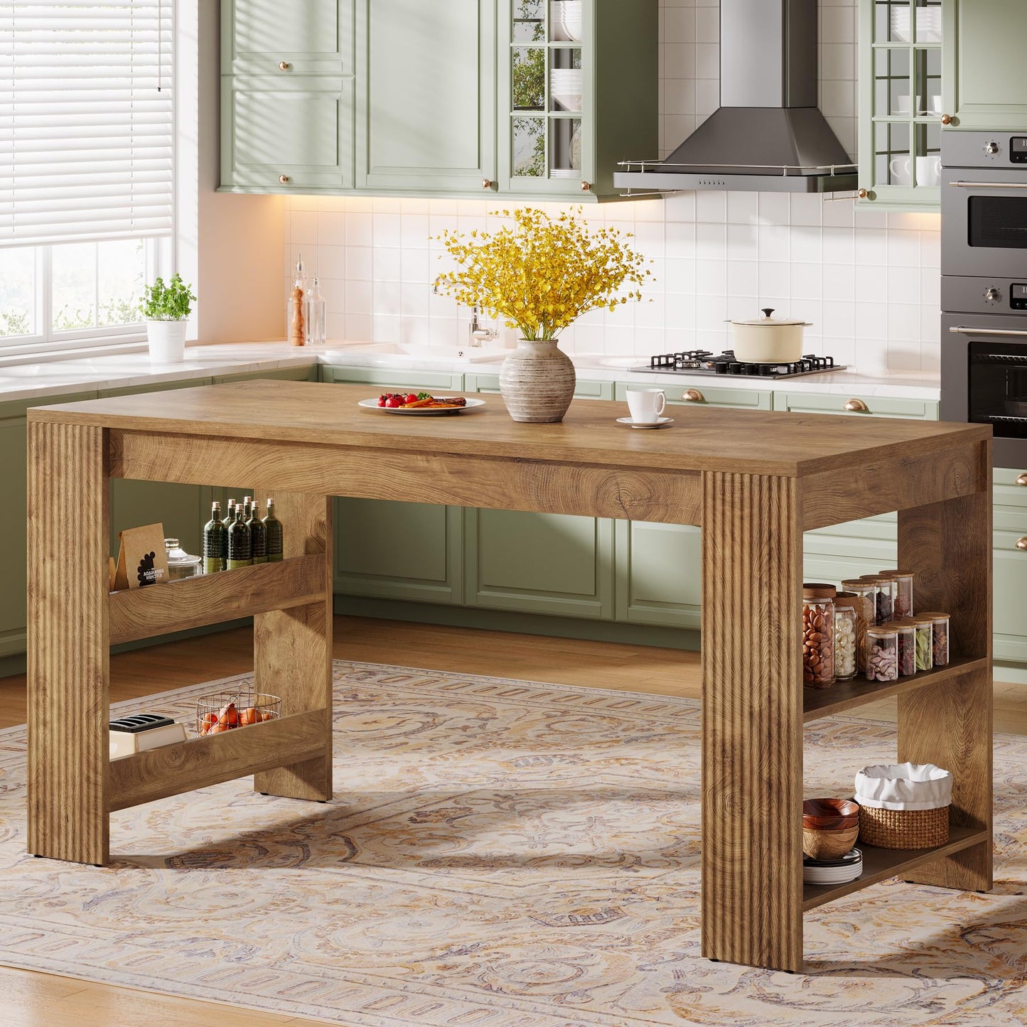 Tribesigns 63-Inch Kitchen Island with Storage, Farmhouse Home Bar Table with Double-Sided Storage Shelves, Large Stationary Island Table for Kitchen, Dining Room, Living Room (Natural)