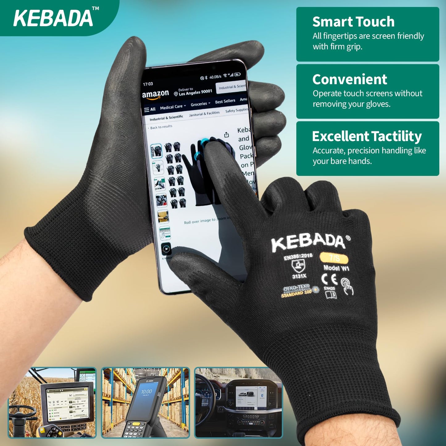 Kebada Safety Work Gloves,120 Pairs Bulk Pack, Touchscreen, PU Coated, Ideal for Warehouse, Construction, Gardening and Mechanics, Black, X-Large