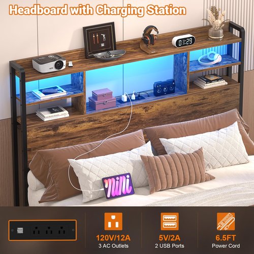 Aheaplus Headboard for Twin Size Bed with Storage, Headboards with LED Light, Power Outlets, USB Ports Twin Size Head Board, Wood headboard Only Sturdy and Stable Headboards, Rustic Brown