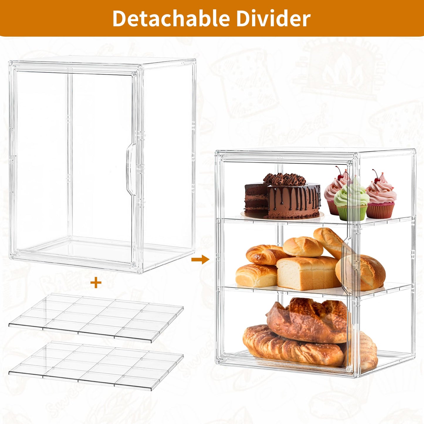 SANKEU Bakery Pastry Display Case 3 Layer Large Clear Bread Box For Kitchen Countertop Bread Storage For Homemade Bread, 10.6" L x 8.7" W x 14.2" H, 1 Pack