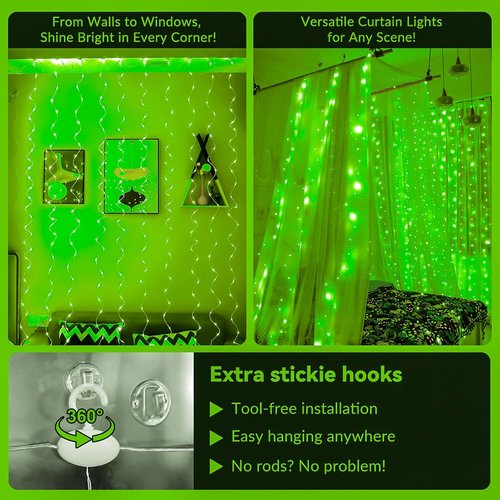 HXWEIYE 300LED Fairy Curtain Lights - 9.8x9.8Ft USB Plug-In with Remote | 8 Modes for Wedding & Bedroom Decor, Green