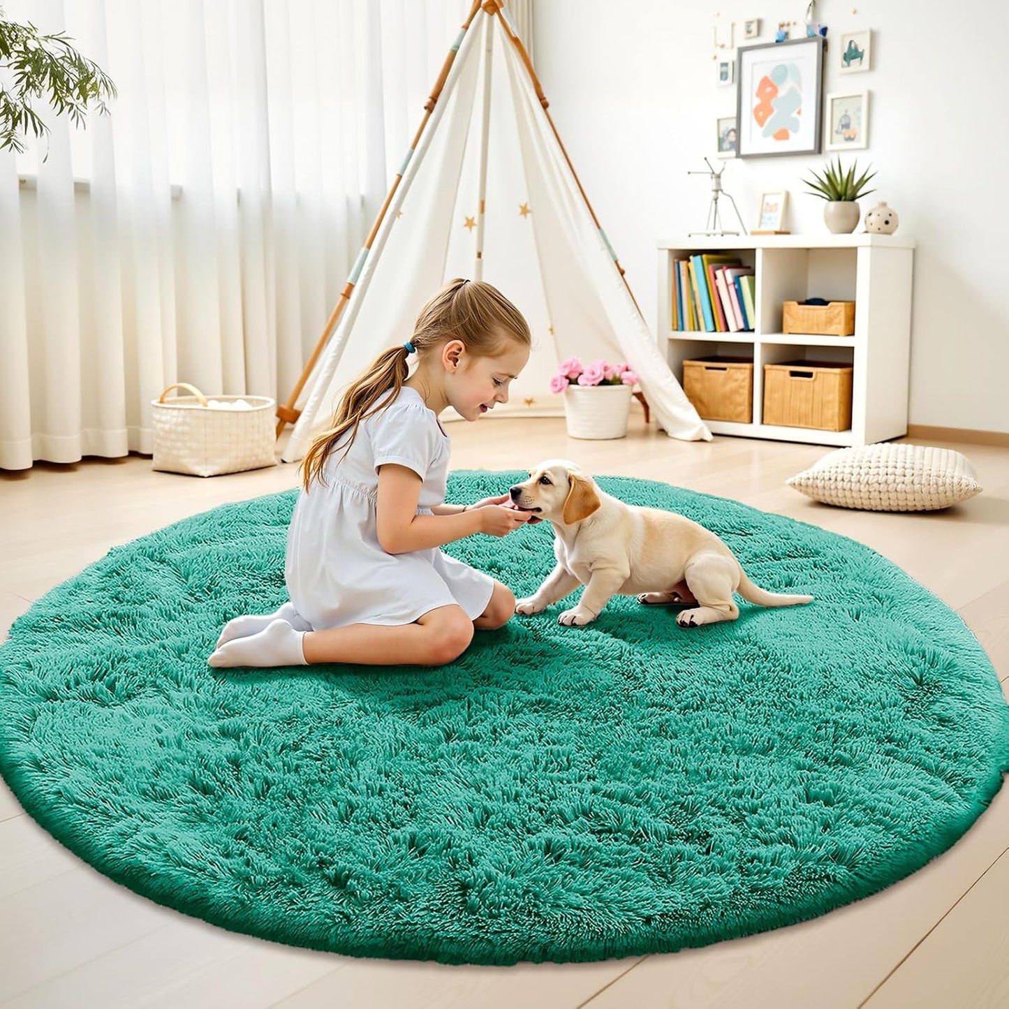 OLANLY Teal Green Round Area Rug - Soft, Fluffy, Machine Washable 7 ft Circle Carpet for Bedroom & Living Room
