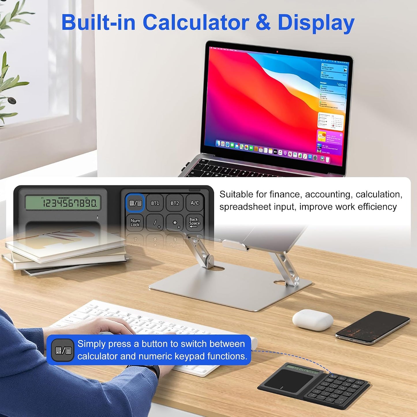 Tioleje 23-Keys, 3 1 Bluetooth Number Pad Touchpad with Calculator - Rechargeable Folding Portable Wireless Numeric