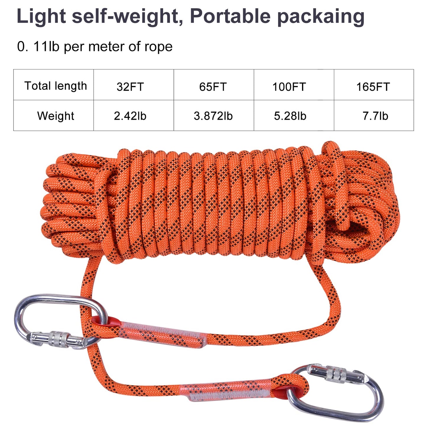 LZ.MZXU Climbing Rope, 12mm Static Climbing Ropes, 32FT(10M) 65FT(20M) 100FT(30M) 164FT(50M) Outdoor Rock Climbing Rope with Hook, Safety Rappelling Ropes, Fire Rescue Parachute(Orange, 100FT)