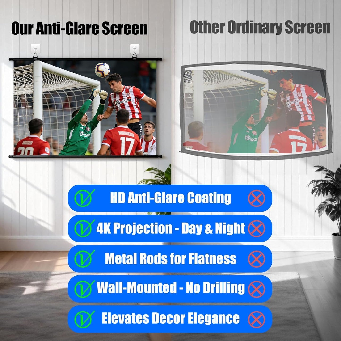 XIAOHUI 110 inch 3 4K 16:9 Projector Screen, Portable Movie Projector Screen for Outdoor Indoor with pcs Adhesive Hook