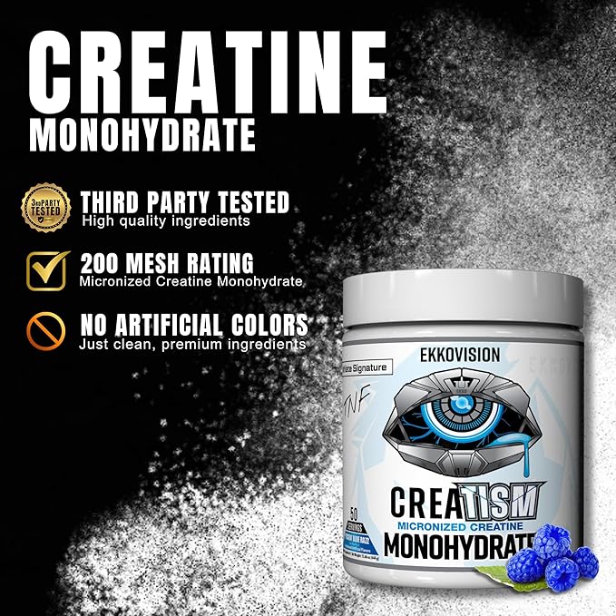Ekkovision Creatine Monohydrate Powder, Micronized, Puckin' Blue Razz, Pre Workout & Post Workout Supplement for Men & Women, Energy Support, Easy to Mix in Shakes, Smoothies & Beverages, 50 Servings