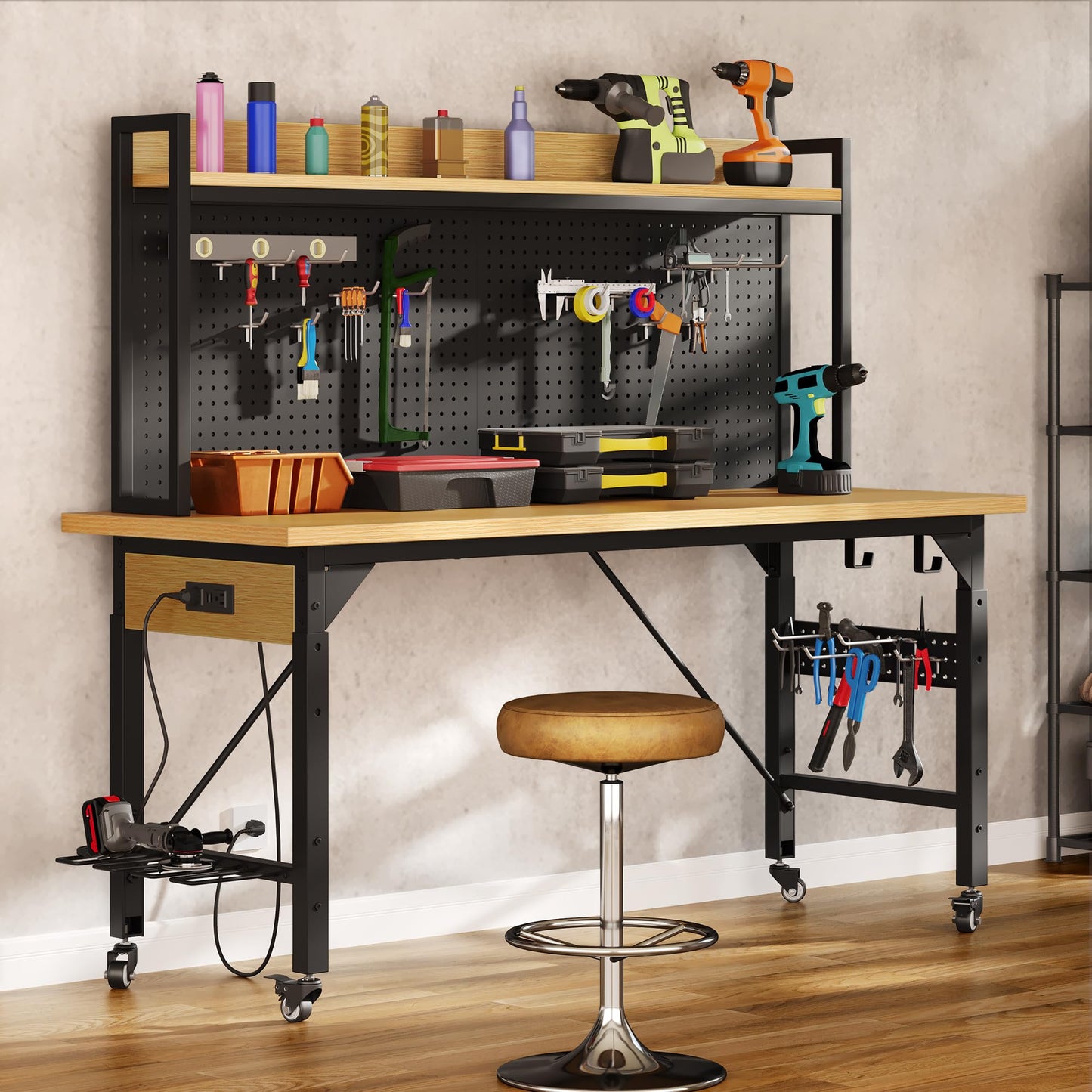 YITAHOME 48" Adjustable Workbench with Pegboard, Wheels, 1600 LB Capacity, Rolling Work Table with AC/USB Outlets, Hooks, and Rack, Heavy-Duty Work Bench for Garage, Workshop, Office