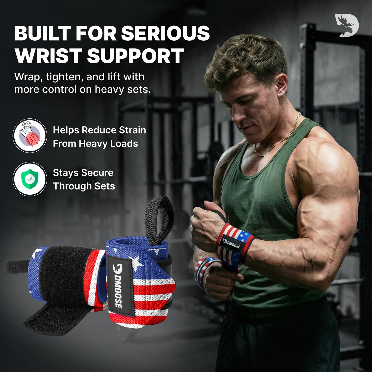 DMoose Wrist Wraps Weightlifting Men 12 and 18 Inches Thumb Loops with Wrist Support for Workouts Powerlifting Wrist Straps for Weight Lifting Men and Women American III