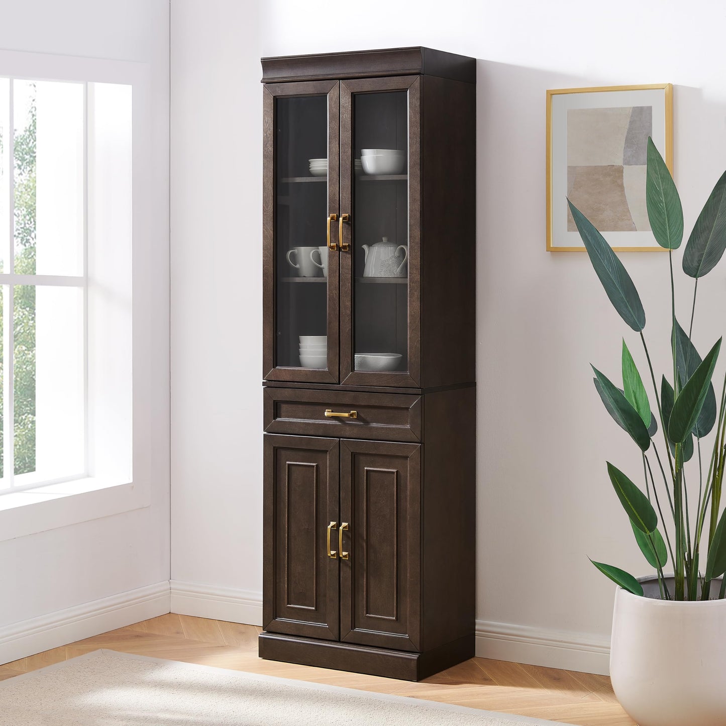 Crosley Furniture Stanton Glass Door Pantry Storage Cabinet with Shelves, Kitchen, Dining, or Laundry Room, Coffee