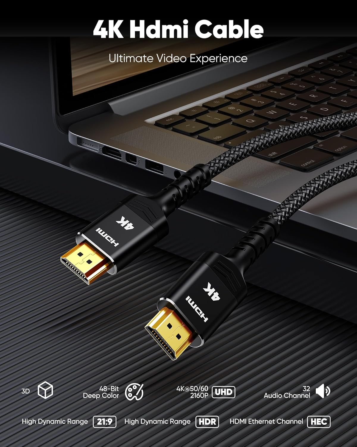 4K 15FT 4K@60Hz 18Gbps 3D, 2.2, PS-5/4/3/4K Highwings Long HDMI Cable - HDR Braided HDMI Cord, High Speed