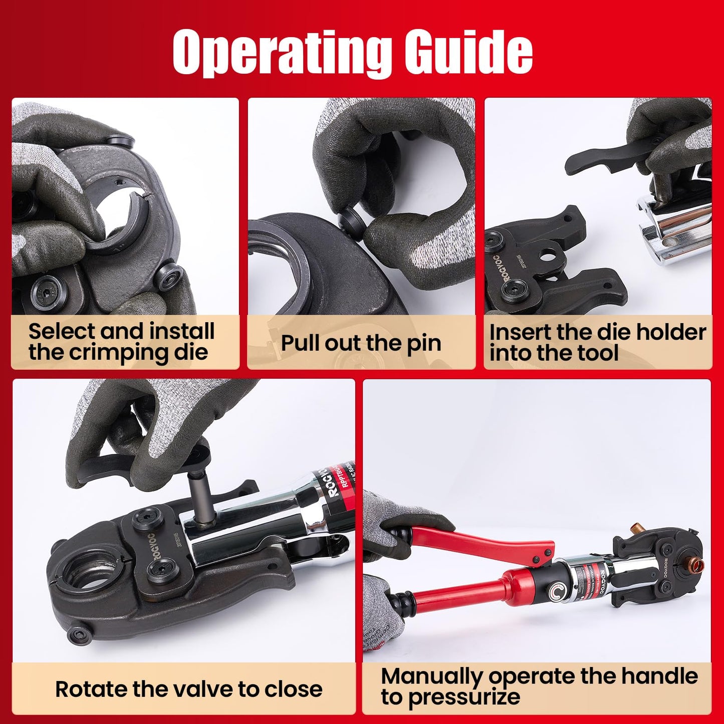ROGVOC Hydraulic ProPress Tool, Copper Pipe Crimping Tool with 1/2, 3/4, 1 Inch Jaws, Compact Hydraulic Press Tool for Copper Tube Fittings, Ideal for Tight Spaces and Most Copper Press Systems
