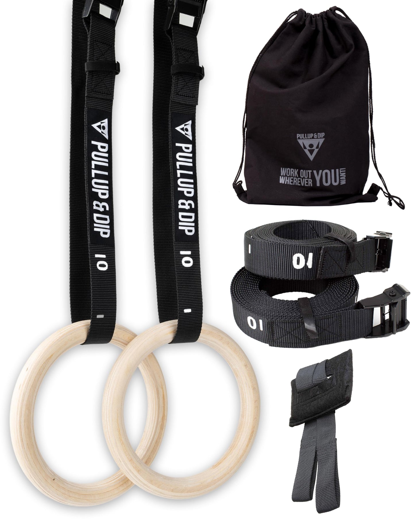 PULLUP & DIP Premium Gymnastic Rings, Wooden Gym Rings for Calisthenics - Wide Straps with Length Markings + Door Anchor + Carry Bag + Exercise Guide, Calisthenics Rings