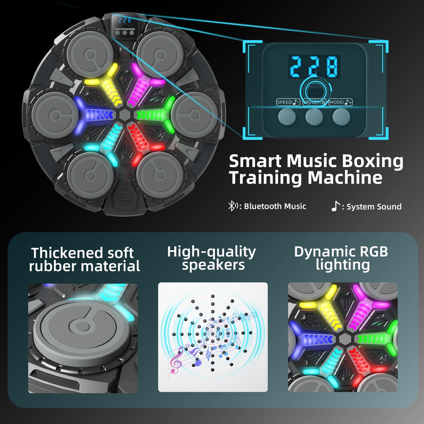 Music Boxing Machine for Kids, Wall Punching Pad with Gloves, 3 Speed Modes, Bluetooth, Smart, Beat Lights, Home Workout Training Boxing Equipment Sport Toys for Boys Girls Teen and Adults