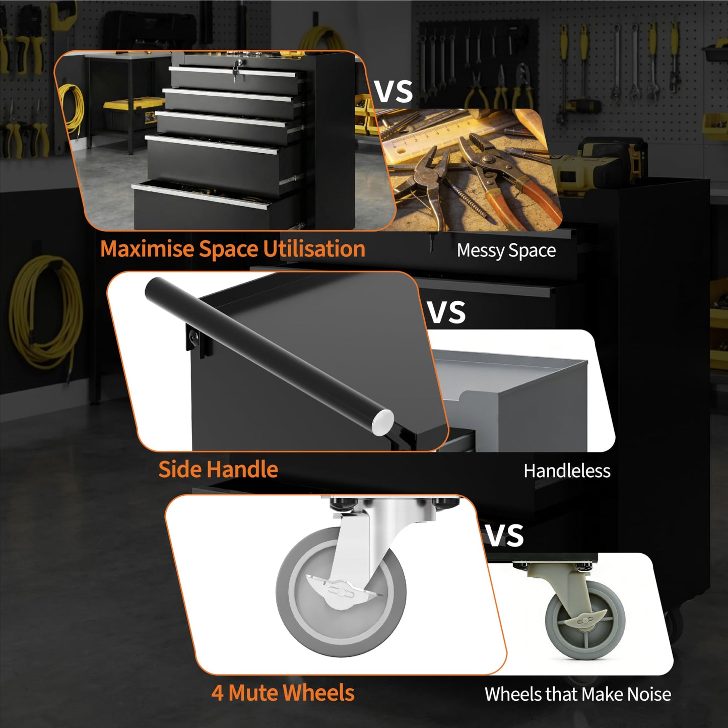 Garvee Rolling Tool Chest, 5 Drawers Tool Storage Cabinet, Toolbox with Wheels, Portable Tool Cabinet Organizer with Locking System & Drawer Liners, Tool Storage Cart for Garage, Workshop, Black