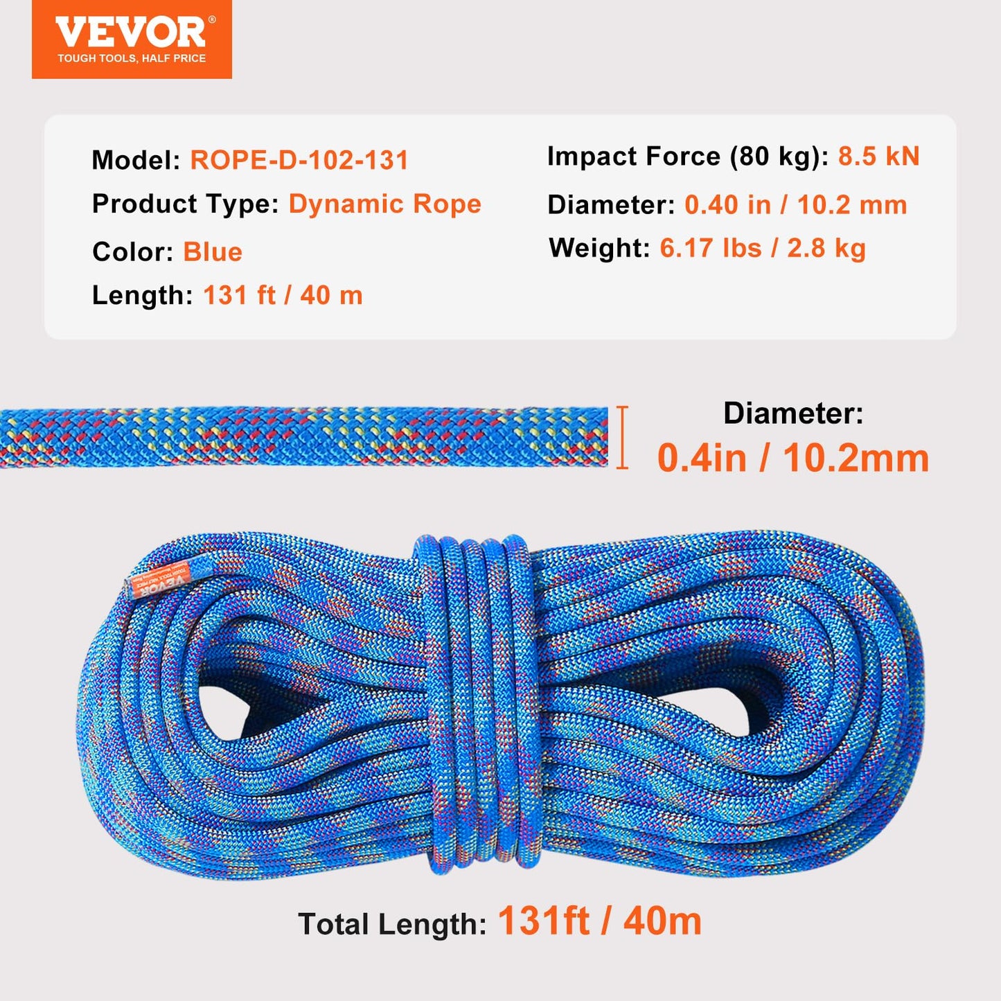 VEVOR 10.2mm Dynamic Climbing Rope, 40M(131ft) Outdoor Rock Climbing Rope 25KN Breaking Tension, Stretchable Fiber Rope with Steel Snap Hooks for Escape, Rappelling, Fire Rescue, Blue