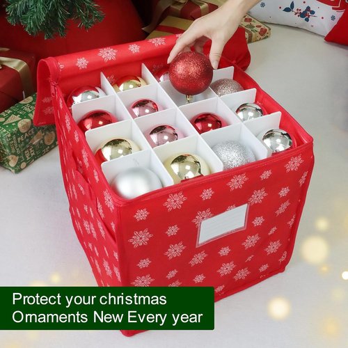 Christmas Ornament Storage Box - Holds 64 Ornaments - Durable Non-Woven Containers with Adjustable Dividers