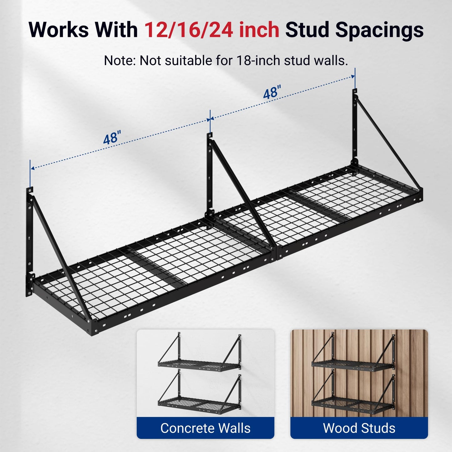 FLEXIMOUNTS 2-Pack 2x4ft Garage Wall Shelving - Heavy Duty Garage Storage Rack, 660lbs Load Capacity with Brace Guardrail, Organization System for Tools, Bins, Utility Room, Pro Series