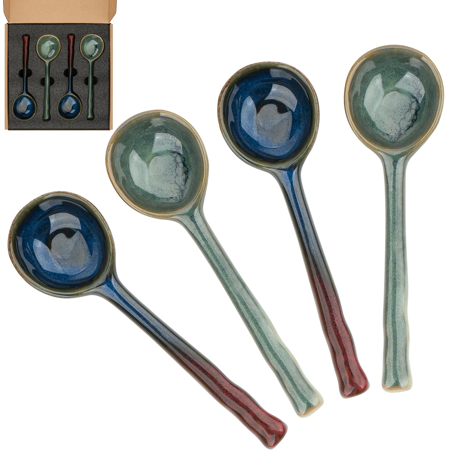 JANKOW 4 Pack Japanese Ceramic Soup Spoons - Hand-Painted Retro Porcelain Spoons with Long Handle - Asian Soup Spoon Set for Ramen, Pho, Wonton, Miso Soup, Dumplings - 6.6 Inch