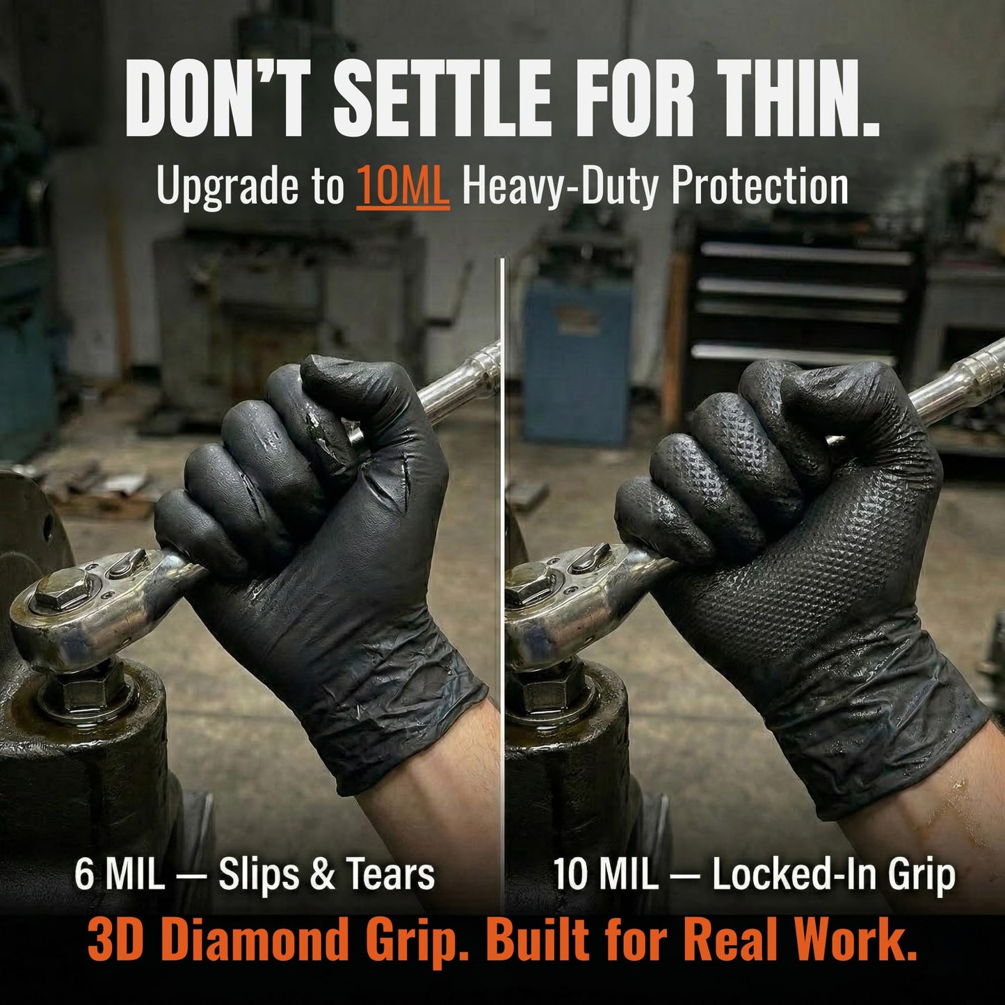 HEAVY DUTY 10 Mil Black 3D Diamond Texture Nitrile Disposable Gloves, 1000 Count Bulk, Food Safe Mechanic Gloves with Raised Diamond Grip, Latex Free, Powder Free, Mechanic Grade, Industrial Strength