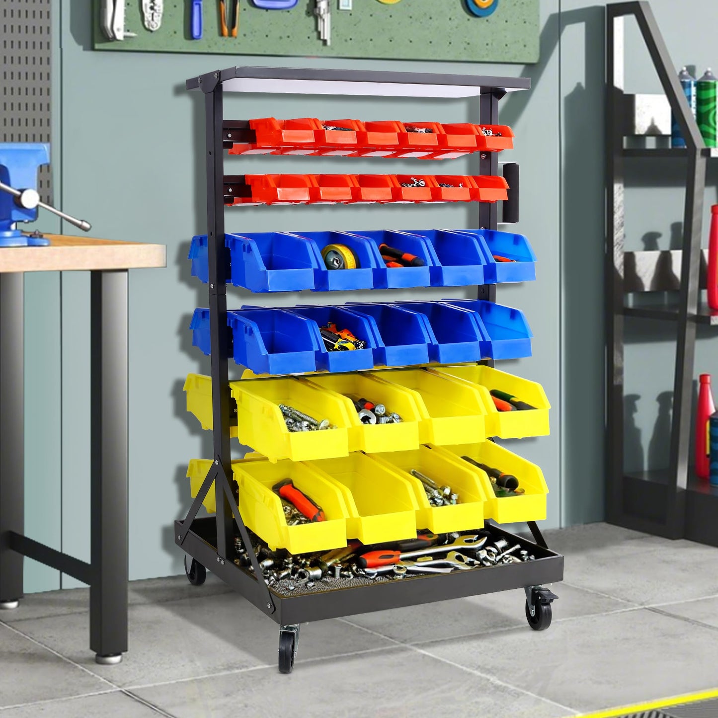 Veemuaro 6-Tier Rolling Bin Stroage Rack with 60 Bins, Dual-Sided Parts Organizer with Wheels and Top Tray, Heavy Duty Tool Storage Rack for Workshop, Garage, Utility Use