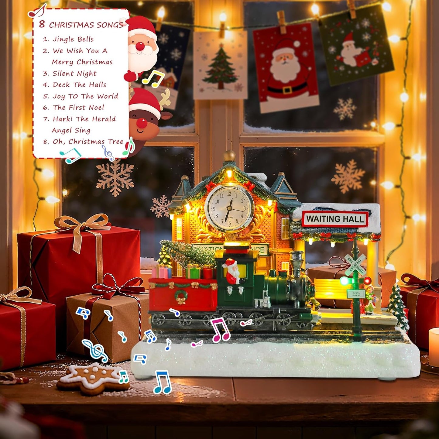VCUTEKA Animated Christmas Village Train Station - Lighted Musical Santa Display for Holiday Décor