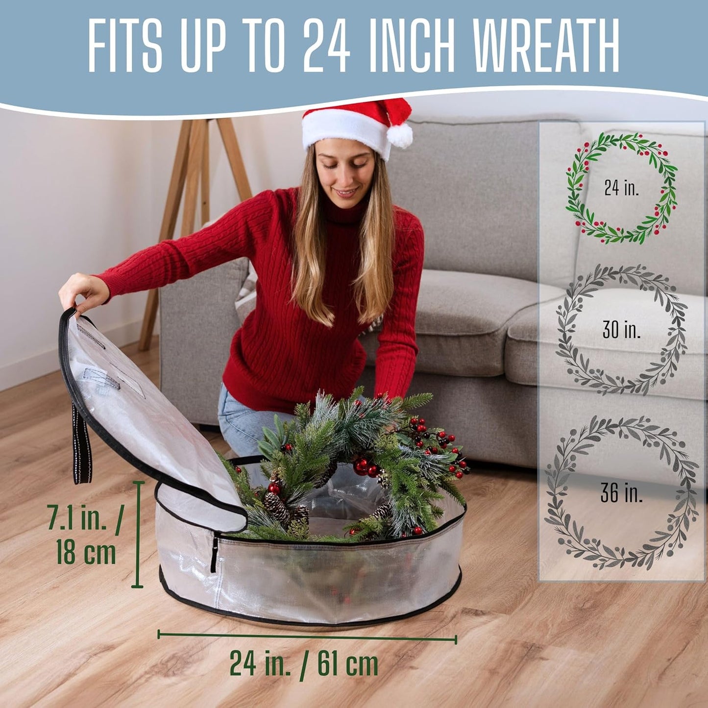 VENO Wreath Storage Container - 24 Inch Heavy-Duty Clear Bag with Wall Hanging Handles | 2 Pack
