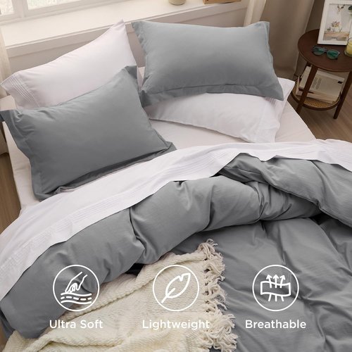 Bedsure Grey Duvet Cover Set - Soft Prewashed Cotton-Like Polyester | Queen Size 3 Pieces with Zipper Closure (90x90 inches)