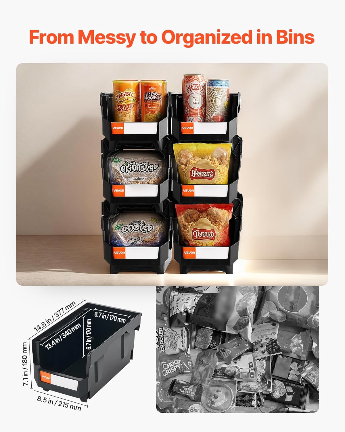 VEVOR Stackable Plastic Storage Bins - 6 Pack, 14.8 x 8.5 x 7.1 Inch, Ideal for Organizing Closet, Garage & Office Supplies - Black