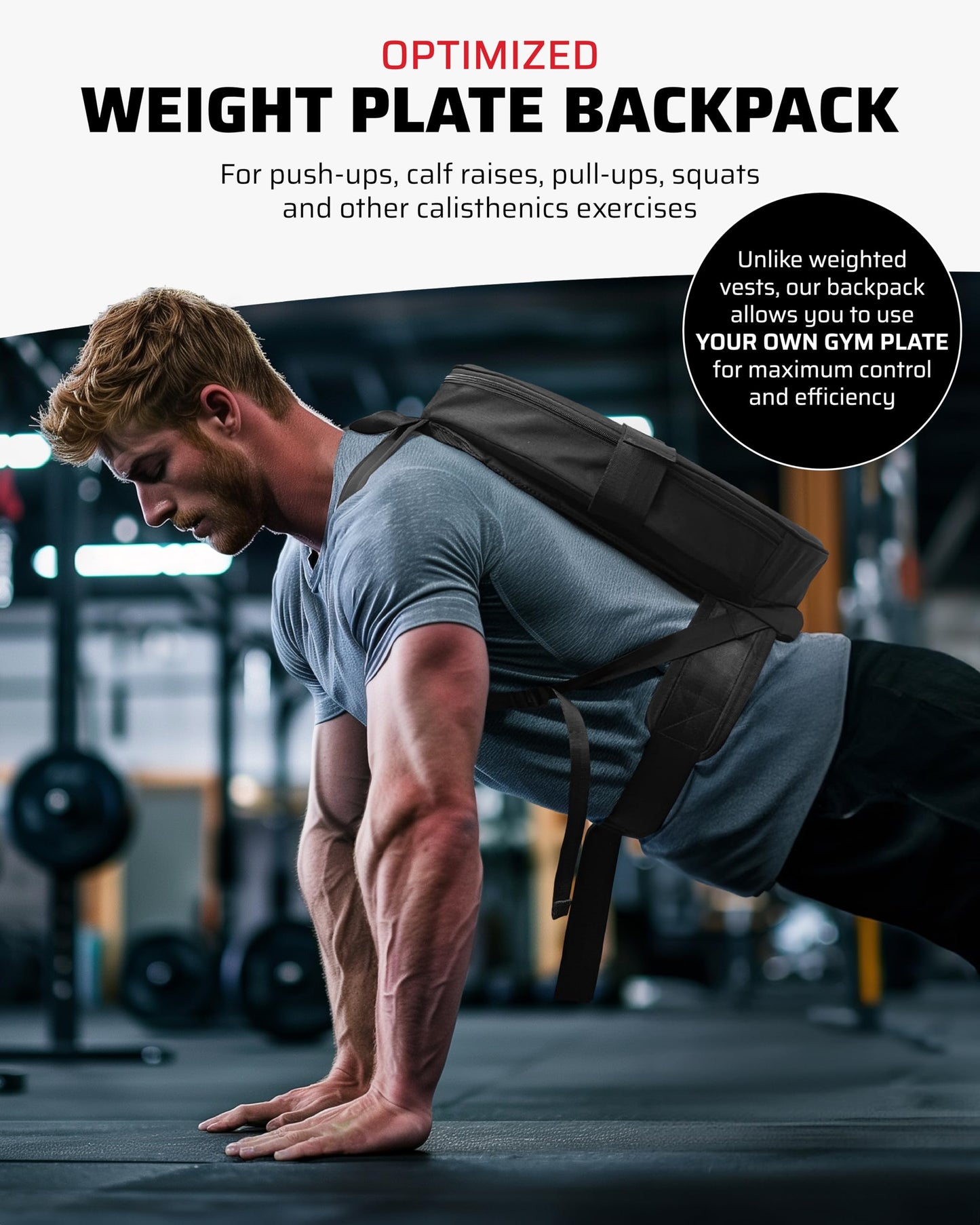 THEFITGUY Weighted Backpack for Gym Weight Plate - for Pushups, Calf Raises, Squats, Wear on Back or Front, Fits Up to 17.5” Diameter, 2.5” Thick Plate, Padded Straps & Secure Buckles - For Home & Gym