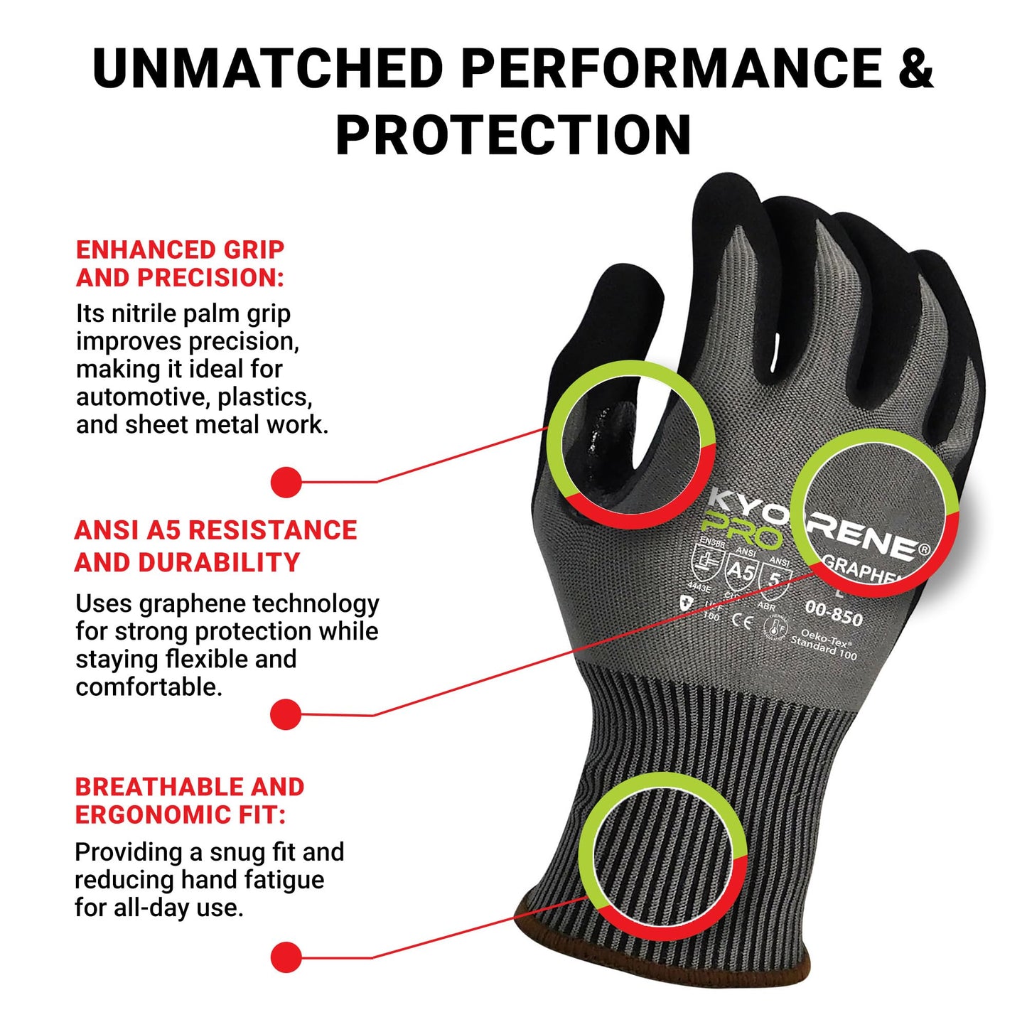 Armor Guys Kyorene Pro 00-850 A5 Cut Resistant Work Gloves - Graphene, Nitrile Grip, Breathable for Sheet Metal Handling - XL, 12 Pairs