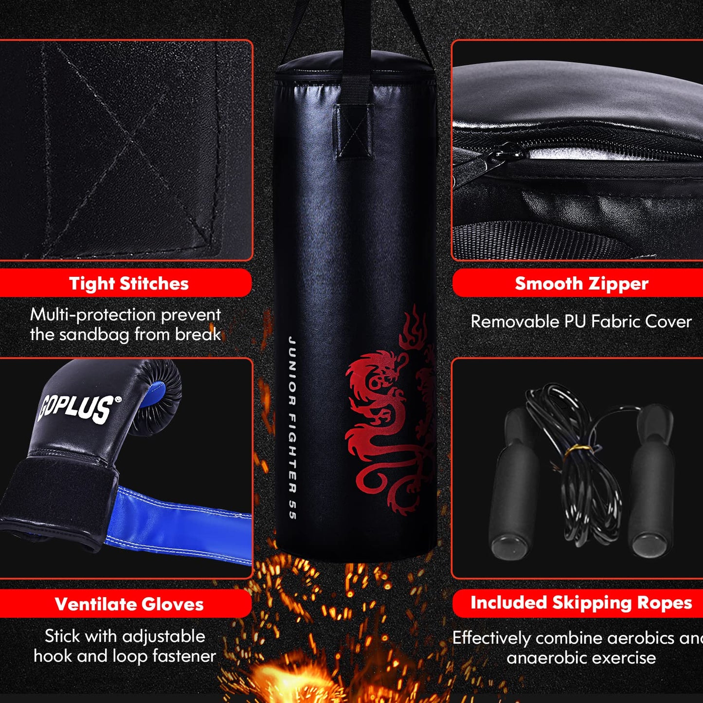 Goplus Punching Bag Set with Gloves, 22LBS/ 40LBS Filled Kick Boxing Bag, Rucksack, Jump Rope, Firm Hook, Heavy Bag for Adults MMA Training, Muay Thai, Krav MAGA, Taekwondo, Karate