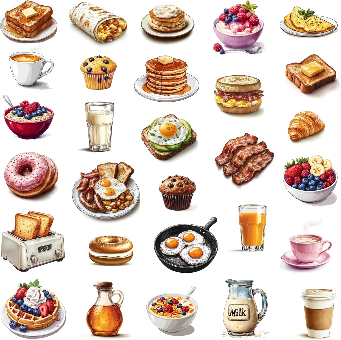 McEtt 5 Pack (145 Breakfast Food Sticker Sheets Aesthetic Illustrated Breakfast & Brunch Food Stickers Sheet Pieces)