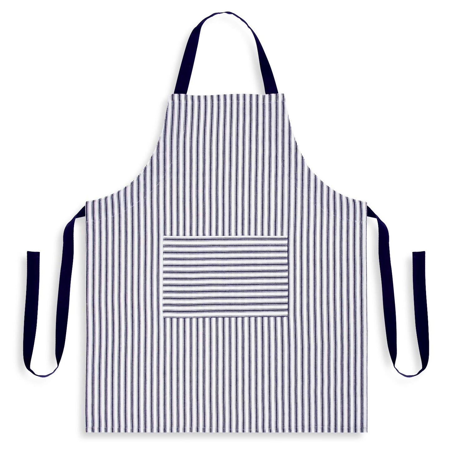 Cackleberry Home Navy Blue and White Ticking Stripe Woven Cotton Bib Apron Pocket Adjustable Strap