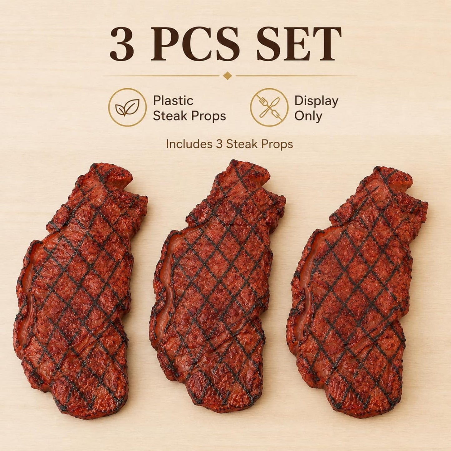 3 jojofuny Pcs Fake Steak Props, Realistic Artificial Grilled Steak Model, Cooked Meat Food Replica with Grill Marks