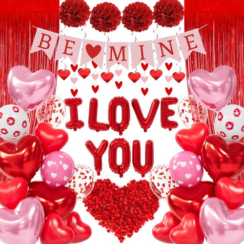 DBKL I Love You Balloons, Surprise for Girlfriend, I Love You Pink Red Heart Balloons With 1000 Pcs Dark-Red Rose Petals for Marriage Proposal Wedding Anniversary Valentine's Day