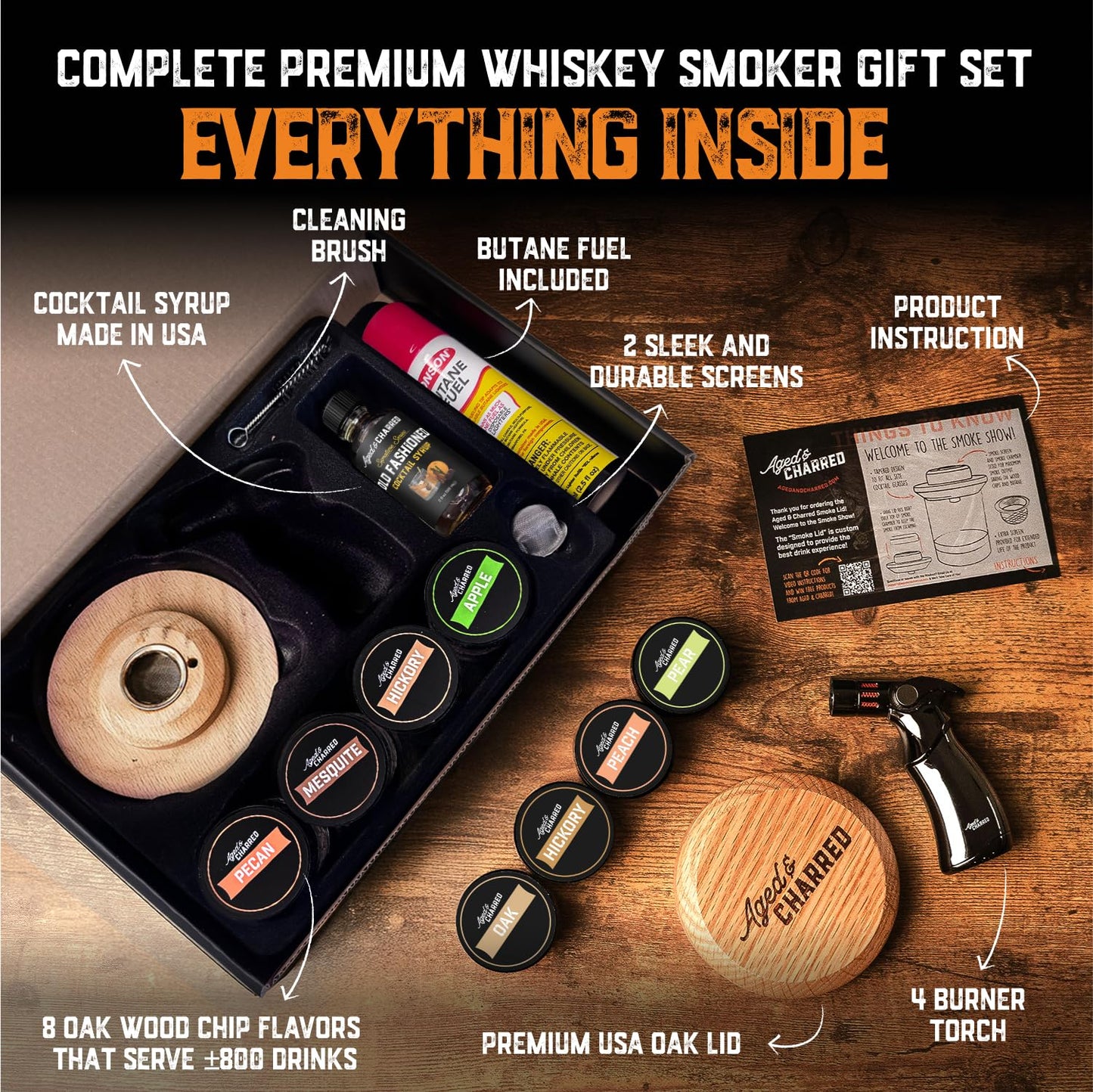 Whiskey Smoker Kit with Torch and Butane and Old Fashioned Syrup - 8 Flavors Wood Chips, 100% USA Oak, High-End Set - Old Fashioned Bourbon Cocktail Smoker Kit Gift for Men Dad