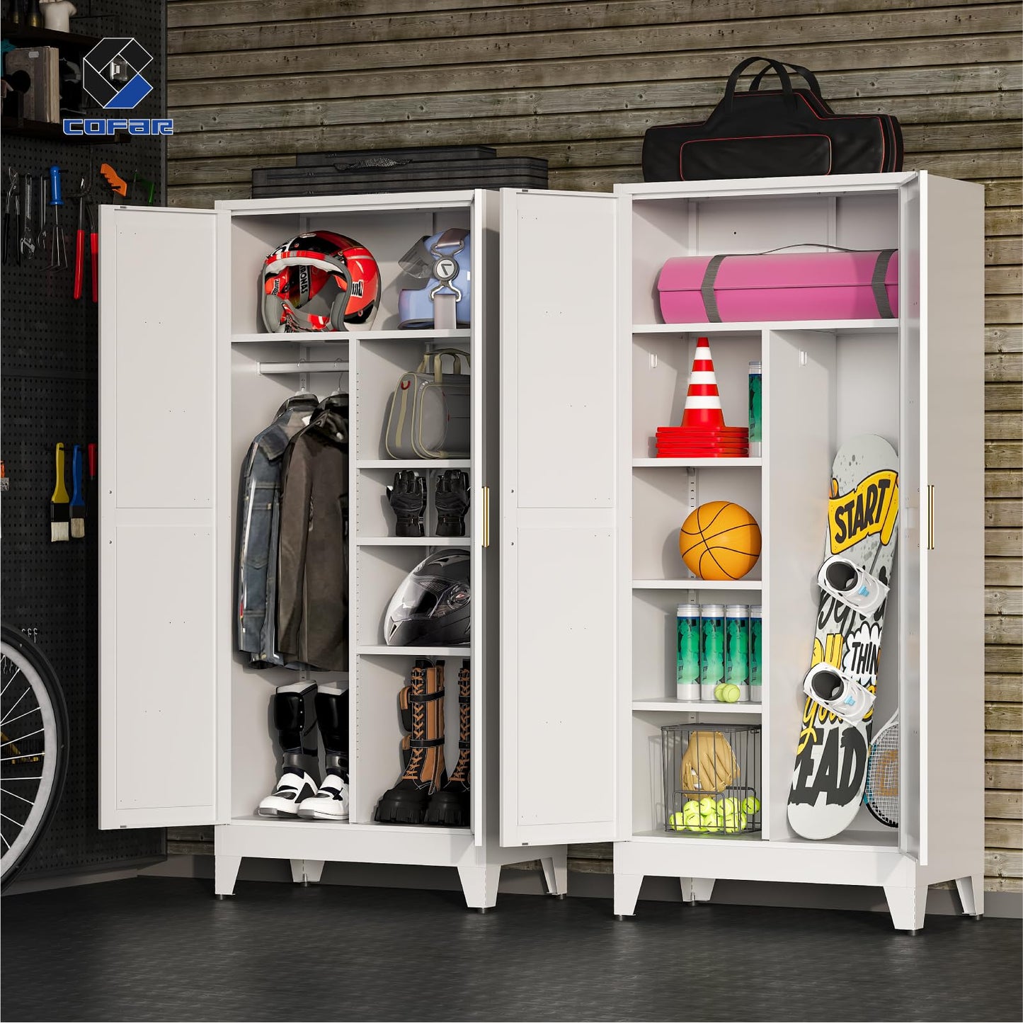 COFaR Metal Wardrobe Closet with Doors, 71'' Tall Steel Bedroom Armoire with Adjustable Hanging Rod and Shelves, Broom Closet Storage Cabinet for Garage Laundry Office, Farmhouse White