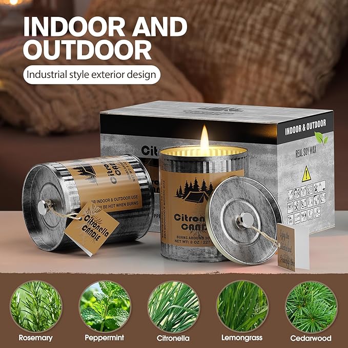 Citronella Outdoor Candle Set | 2-Pack 454g 80H Burn Time | Pure Soy Wax Jar Tin Outdoor Safety Candles for Camping Courtyard Garden | Smokeless Lemongrass Candles Gift for Men&Women