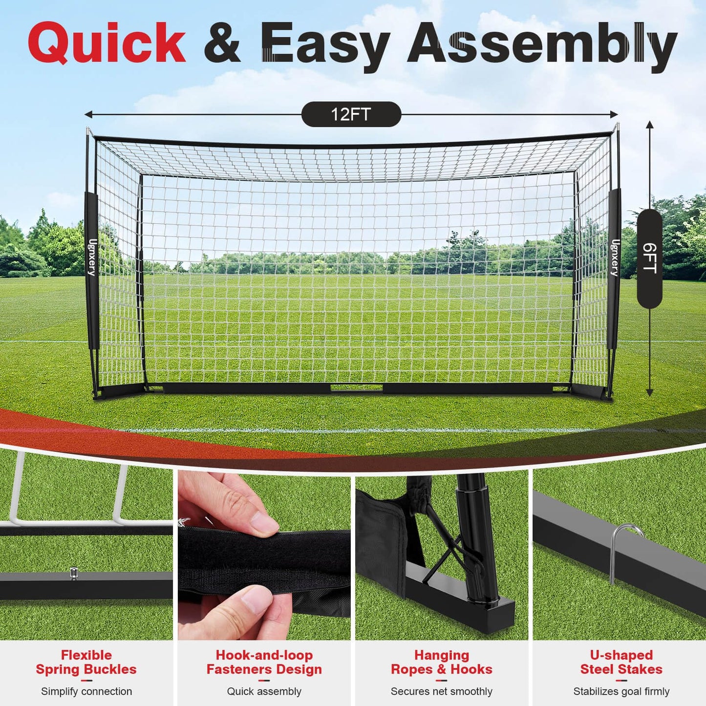 Portable Soccer Goal, Detachable 12x6 FT Soccer Goals Net for Backyard, Quick Setup Training Equipment with 1 Carry Bag, 12 Training Cones (Black)