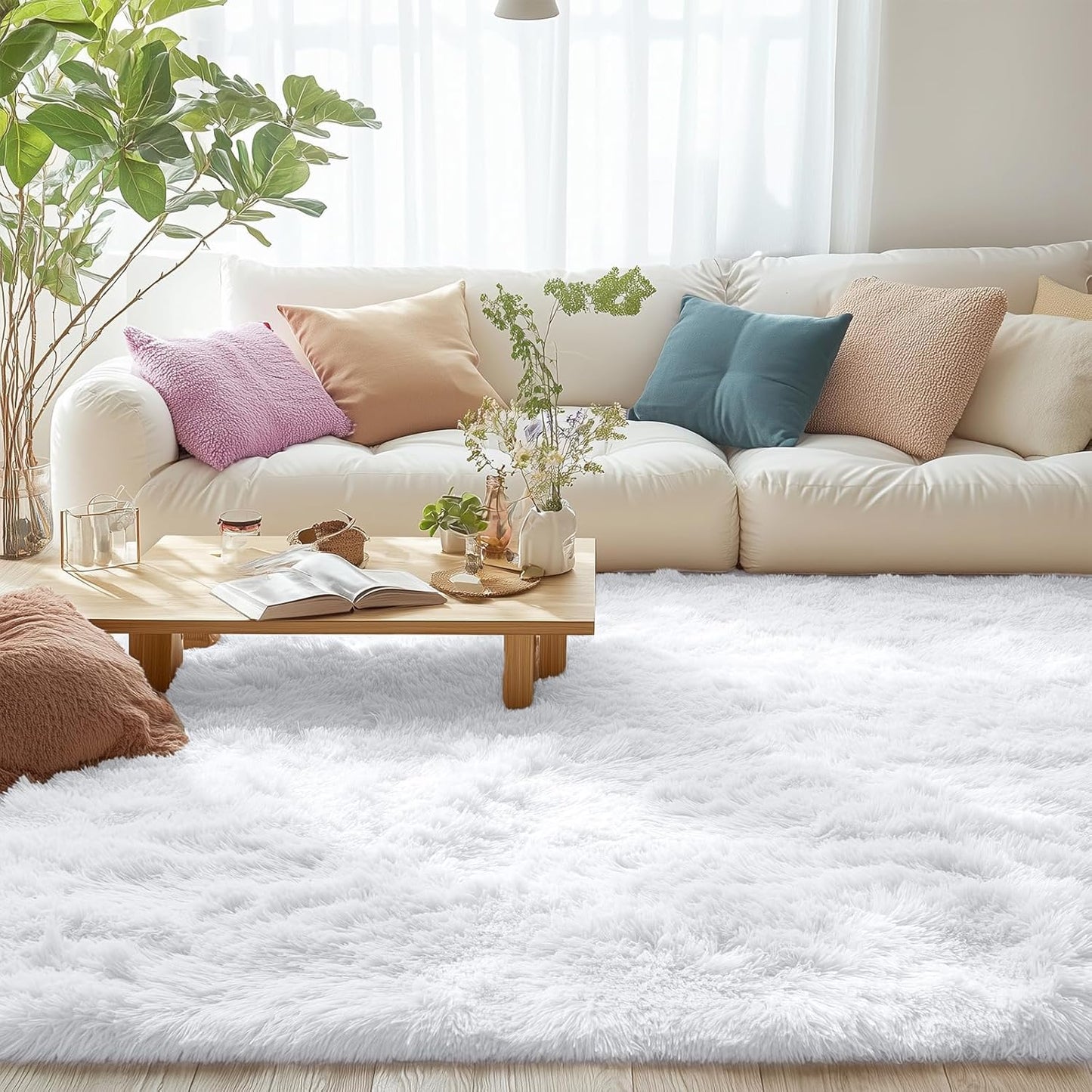 OLANLY Large Area Rug - Soft Fluffy Shaggy Carpet for Living Room & Bedroom | 7x7 ft, White