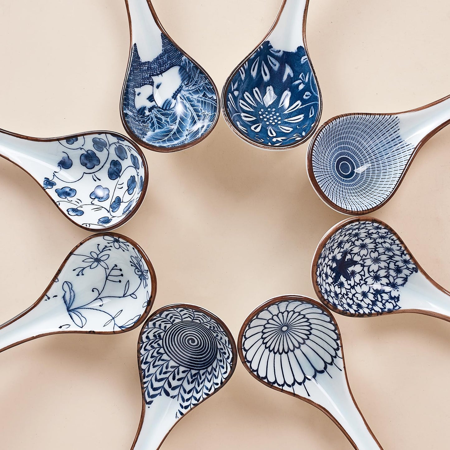 Ceramic Asian Soup Spoons, Easy to Hold, Long Handle Perfect Depth Spoon Set for Japanese Ramen Noodles, Chinese Dumpling, Pho, Miso, Wonton, Dishwasher Safe -Set of 8 - Blue