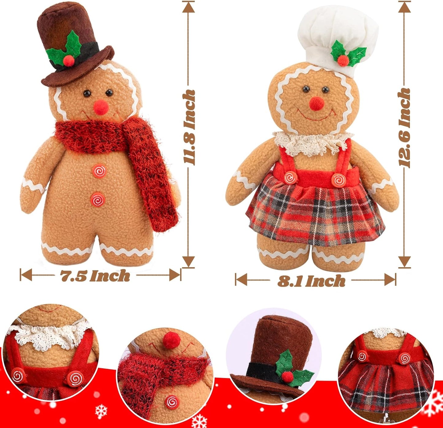 Regine Switzerland Gingerbread Plush Ornaments - 12.6-Inch Stuffed Animal Christmas Decor Gift Set (2-Pack)