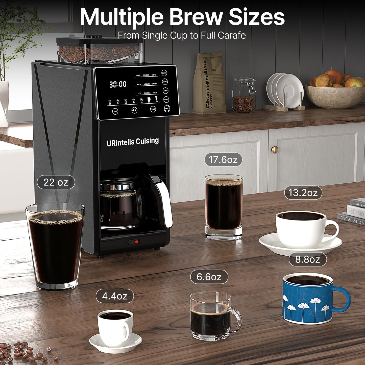 URintells Cuising Coffee Maker with Grinder, 22OZ Drip Coffee Maker with Glass Carafe and Removable Filter, Programmable Hot and Cold Bean to Cup Coffee Machine with Timer, Auto Shut Off