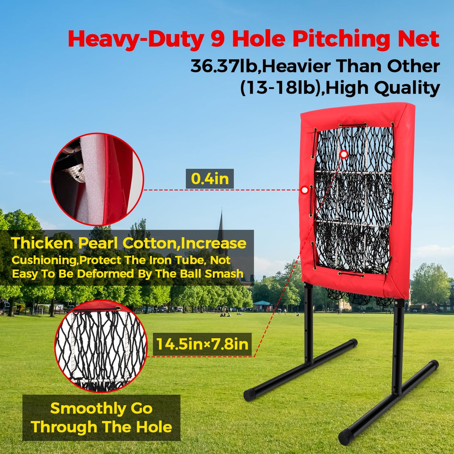 Heavy Duty 9 Hole Pitching Net with Strike Zone,9 Pocket Pitching Target Net of 4 Adjustable Heights (36-53in),Softball Pitching Net Fix by 8xspikes and 2xsandbags, Pitching Target Net for All Age